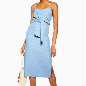 TOPSHOP Blue Tie Front Denim Midi Dress